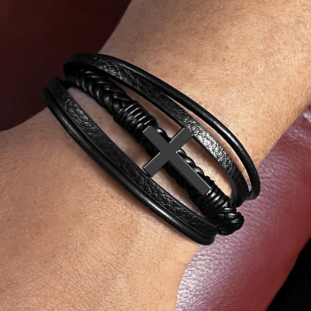 À Mon Fils - Sache Que Tu N'Es Jamais Seul - Bracelet Cuir avec Croix